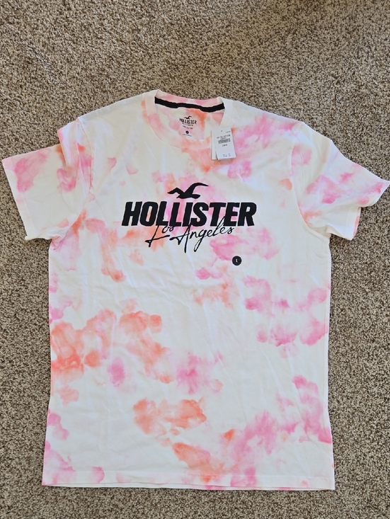 Hollister Tops - Hollister White Tee with Pink & Coral Tie-Dye and Black Logo